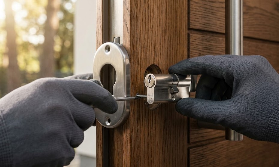Especialista instalando cerradura de alta seguridad en puerta de madera de chalet en Valldoreix